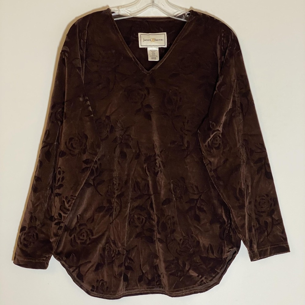 Jaclyn Smith Top Womens Medium Brown Velvet Burnout Floral Long Sleeve Chocolate